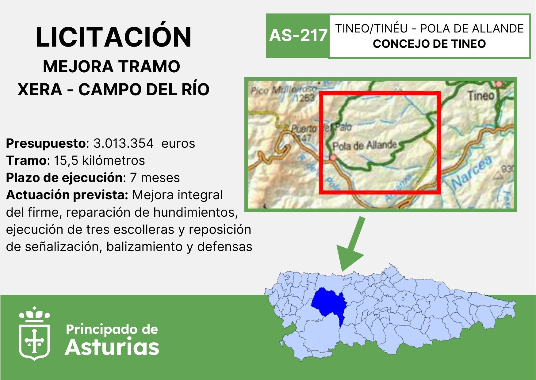 Imagen del artículo El Gobierno de Asturias licita por tres millones la mejora del tramo de la AS-217 entre Xera y Campo del Río, en el concejo de Tineo