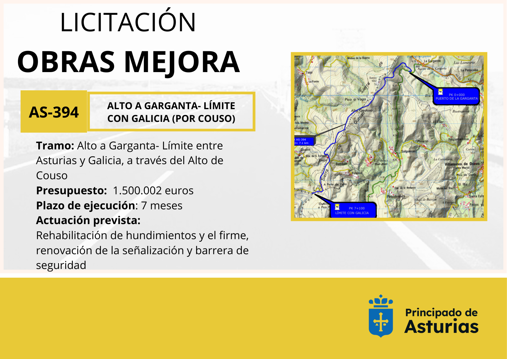 Imagen del artículo El Principado licita por 1,5 millones las obras de mejora de la AS-394, que une el Alto a Garganta con el límite con Galicia a través del Alto de Couso
