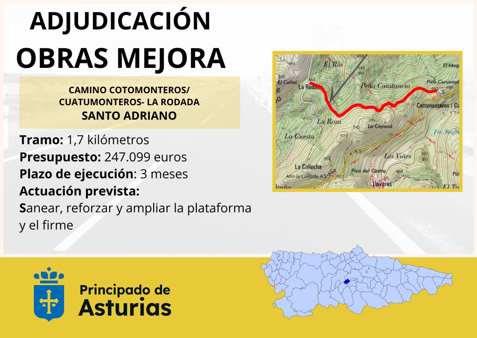 Imagen del artículo Fomento adjudica en 247.000 euros las obras de mejora del camino que une Cotomonteros/Cuatumonteros y la Rodada en Santo Adriano