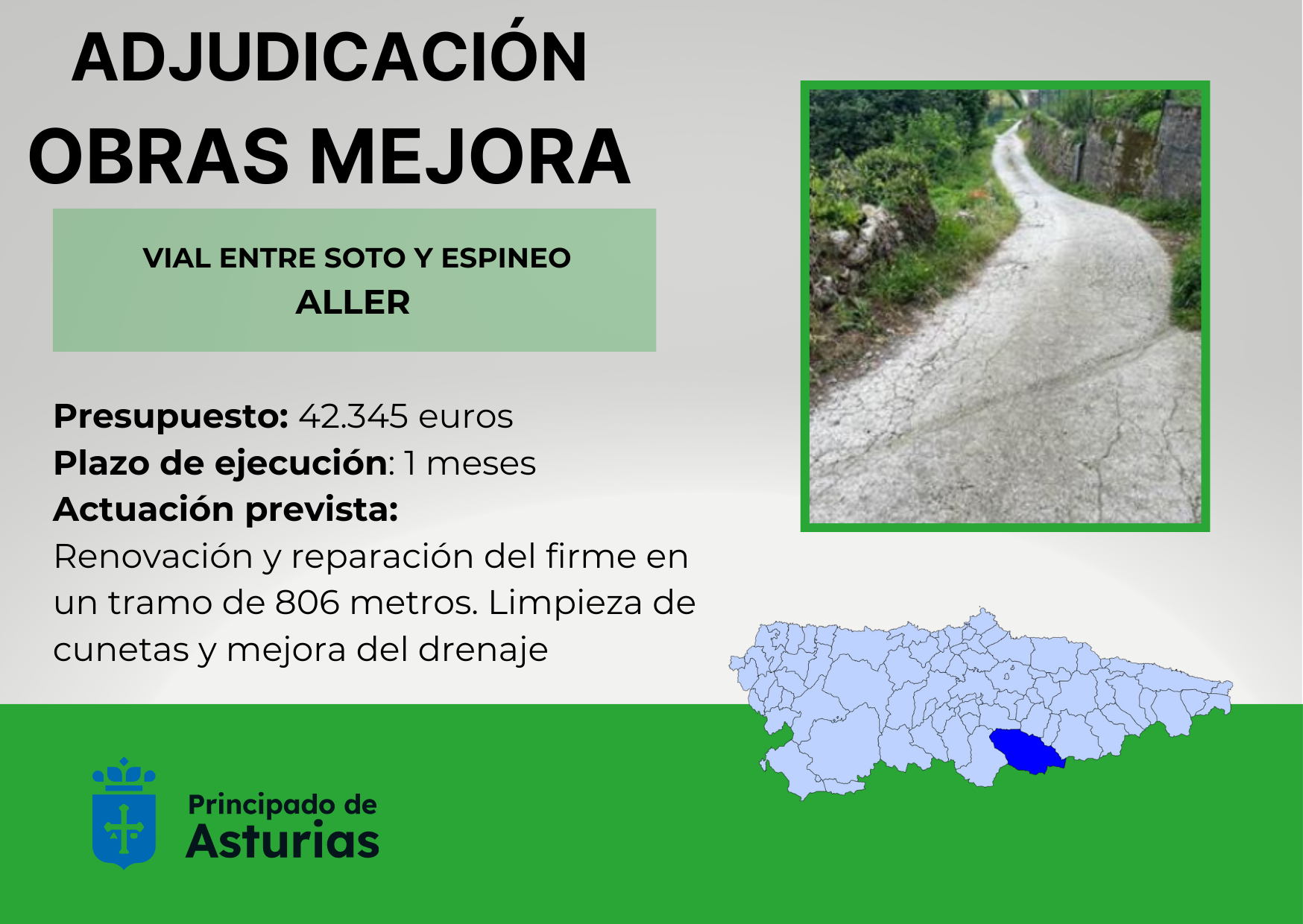 Imagen del artículo El Principado mejora el vial entre Soto y Espineo, en Aller, con una inversión de 42.000 euros