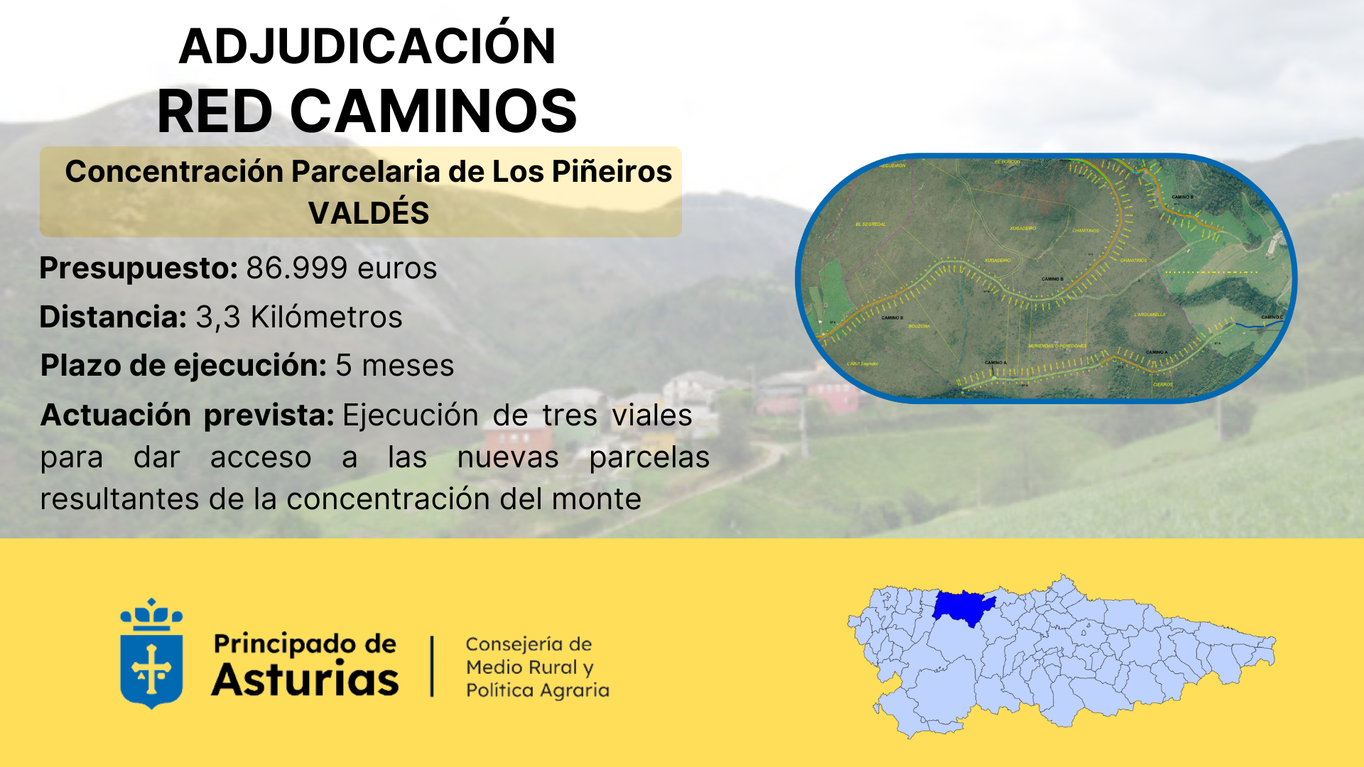 Imagen del artículo Medio Rural adjudica por 87.000 euros la obra de la red de caminos de la concentración parcelaria de Los Piñeiros, en Valdés