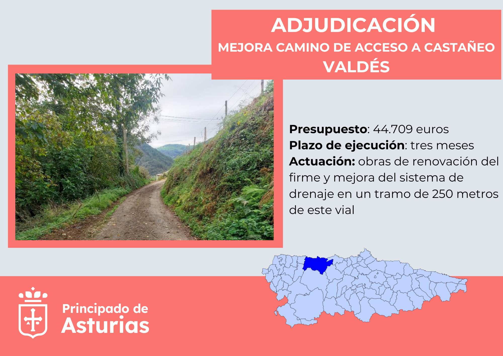Imagen del artículo Fomento adjudica por 44.700 euros la mejora del camino de acceso a Castañéu, en Valdés