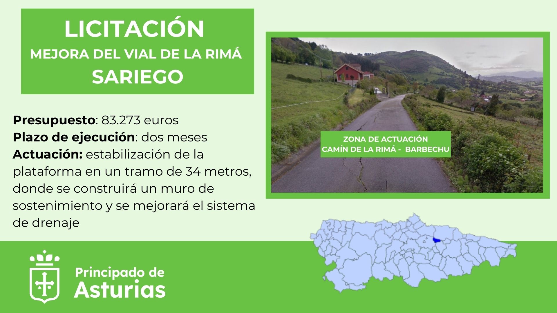 Imagen del artículo Fomento saca a concurso las obras de mejora del vial de La Rimá, en Sariego, por 83.200 euros