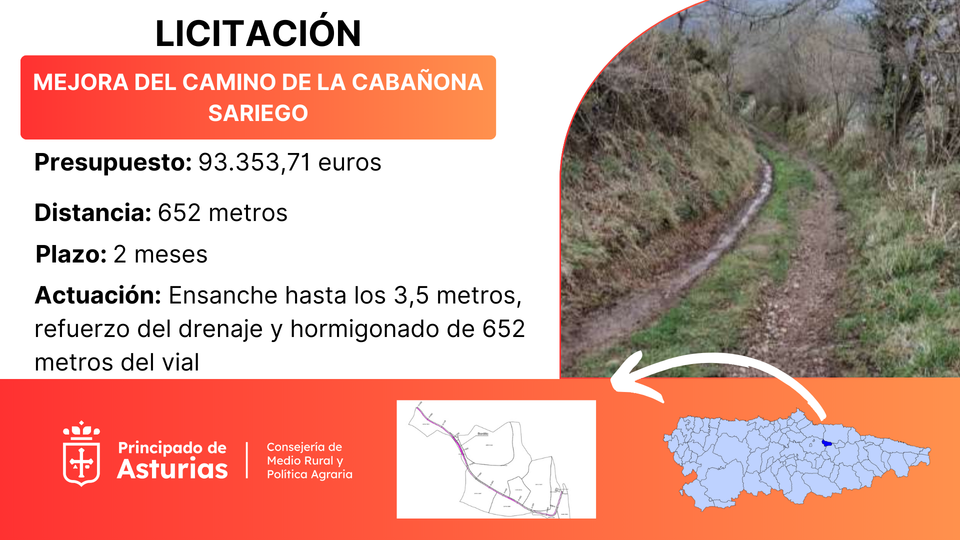 Imagen del artículo Medio Rural licita por 93.000 euros las obras de mejora del camino de La Cabañona, en Sariego