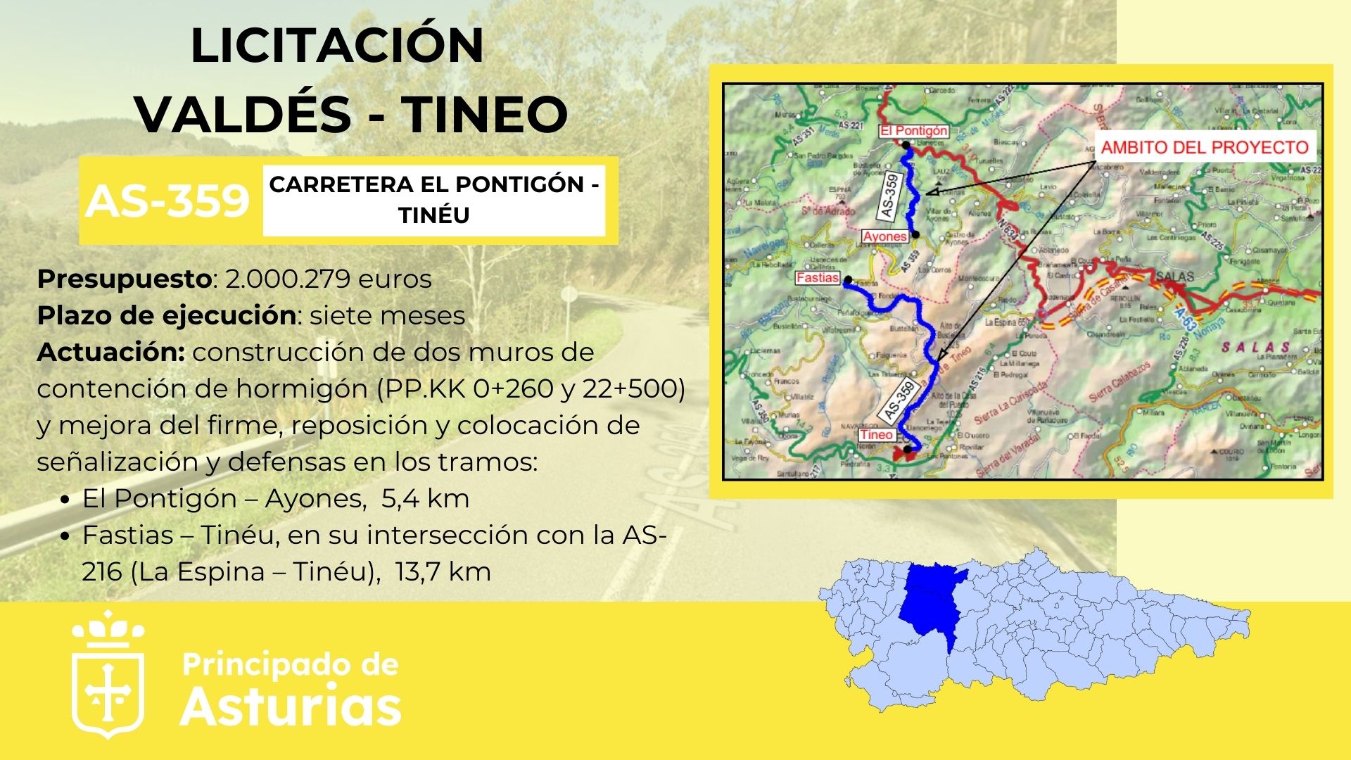 Imagen del artículo El Principado licita por dos millones las obras de mejora en la carretera AS-359, entre El Pontigón y Tinéu, en Tineo y Valdés