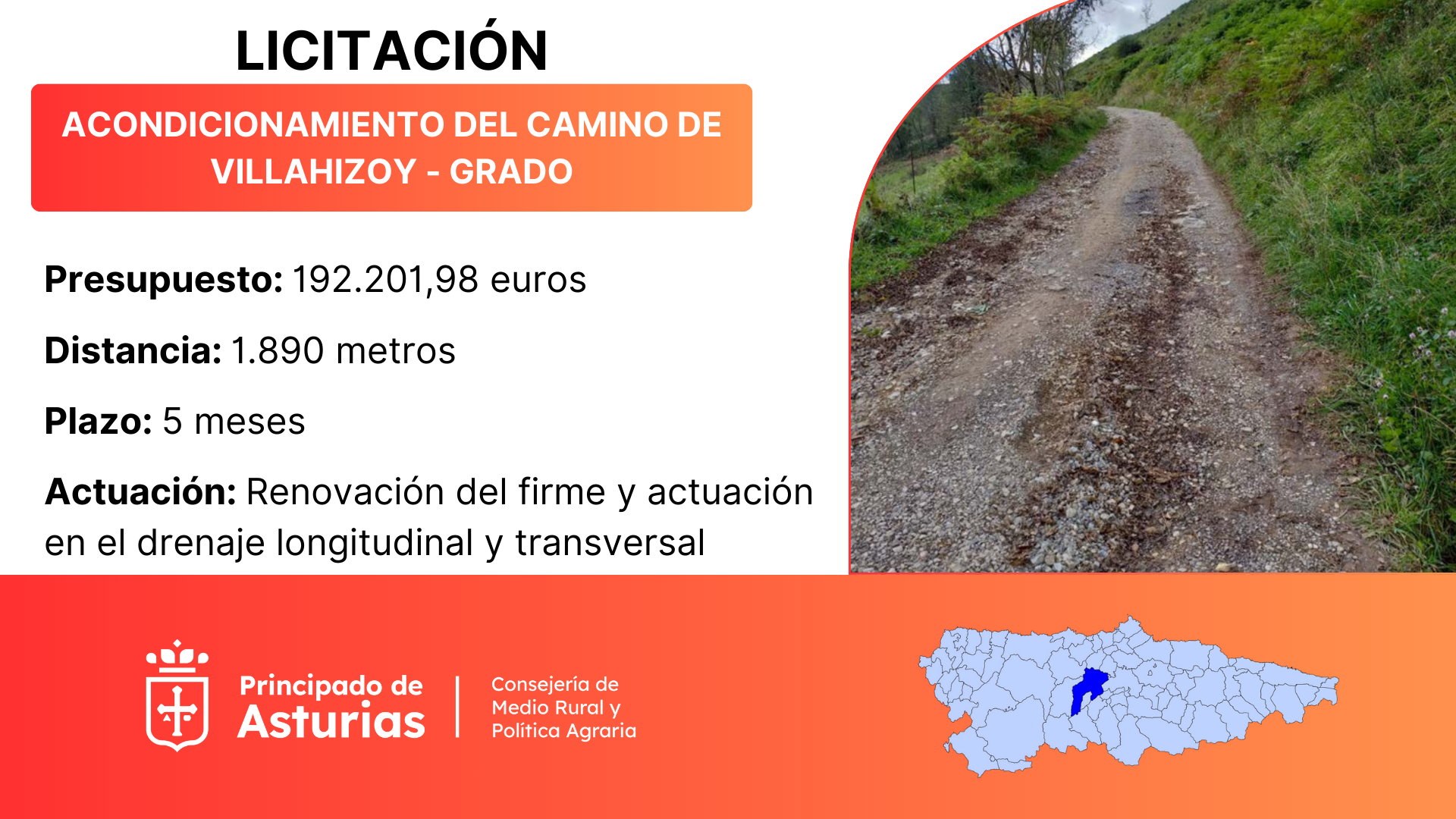 Imagen del artículo Medio Rural licita por 192.000 euros la reparación del camino de Villizói, en Grado