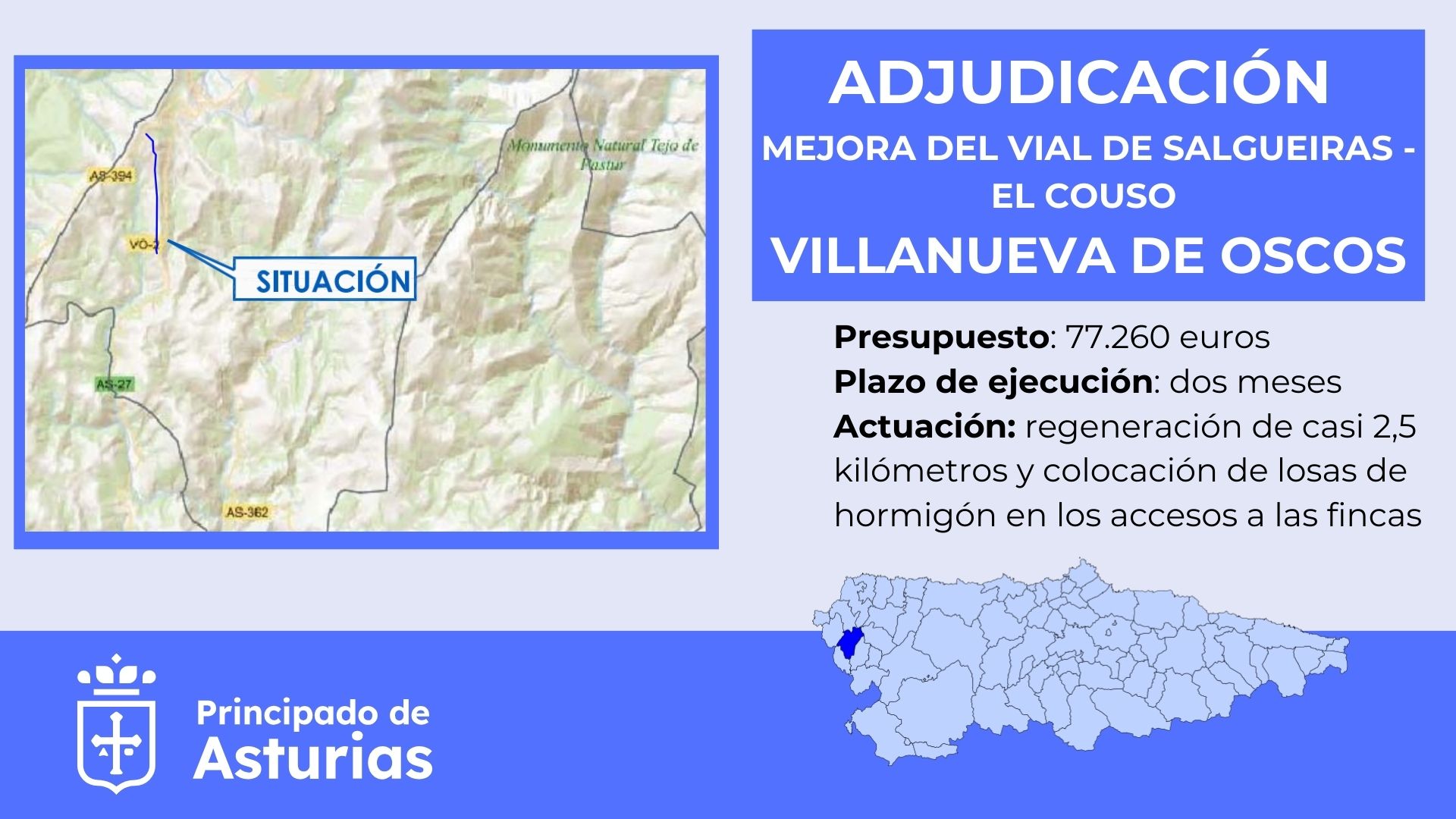 Imagen del artículo El Gobierno de Asturias adjudica las obras de mejora del vial entre Salgueiras y El Couso, en Villanueva de Oscos, por 77.000 euros