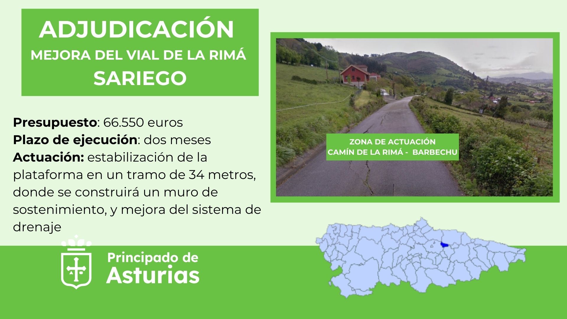 Imagen del artículo El Gobierno de Asturias adjudica las obras de mejora del vial de La Rimá, en Sariego, por 66.550 euros