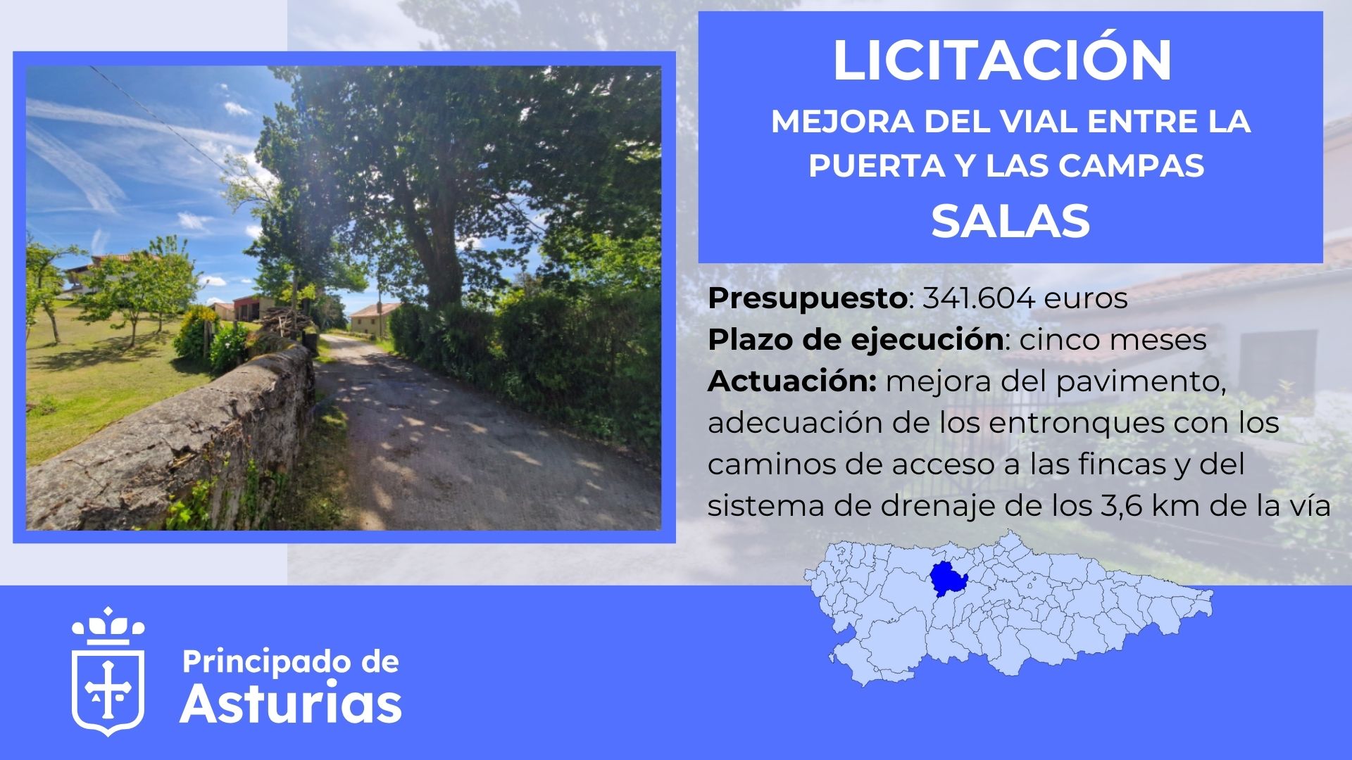 Imagen del artículo El Principado licita en más de 341.000 euros la mejora del vial entre La Puerta y Las Campas, en Salas