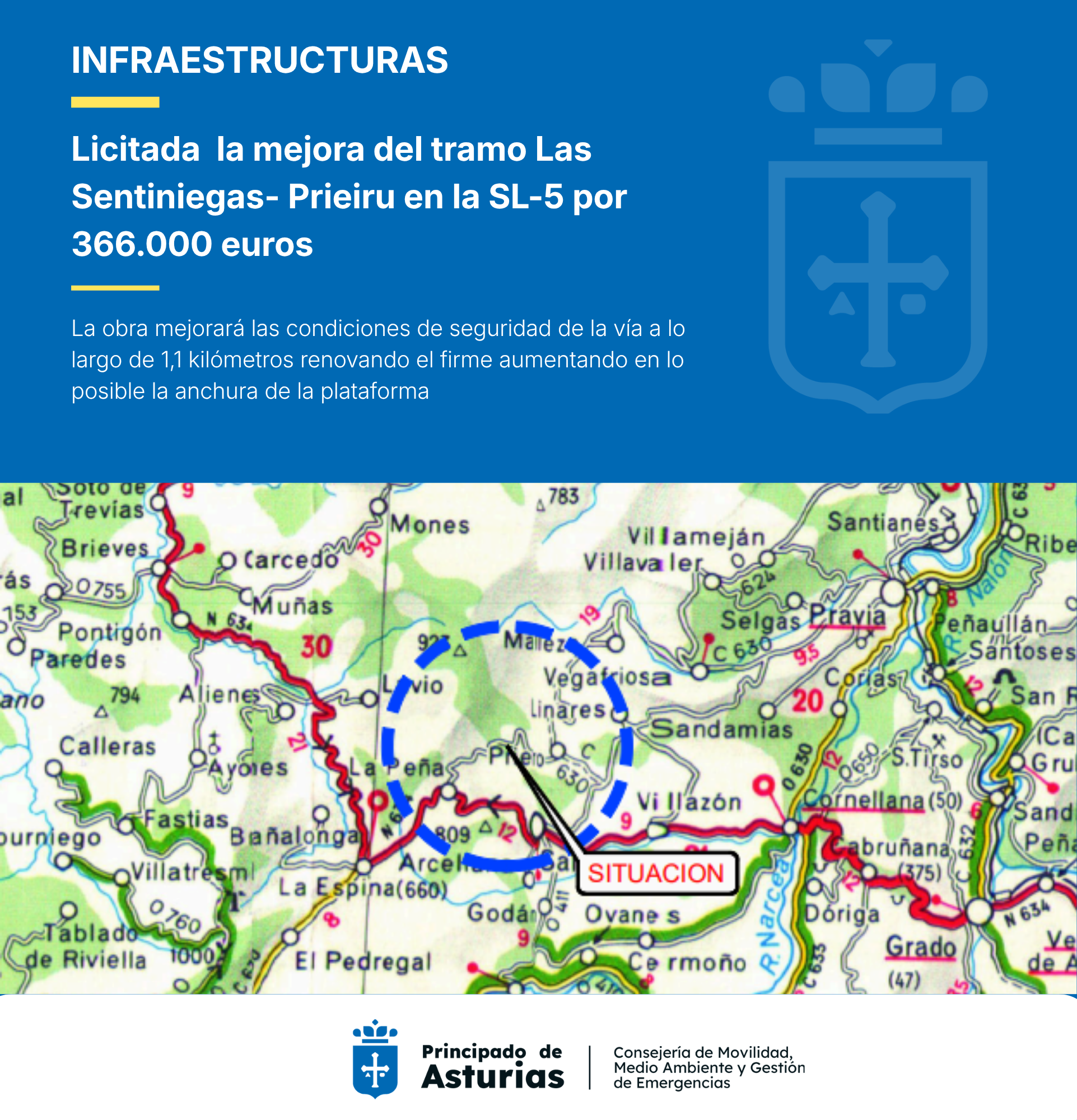 Imagen - Movilidad destina 366.000 euros a la renovación integral de la carretera SL-5, entre Las Sentiniegas y Prieiru, en Salas
